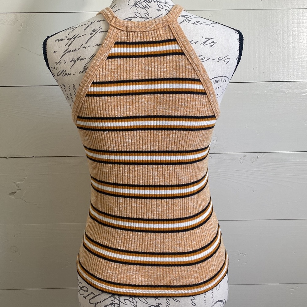 Stripped Halter Neck Ribbed Tank Top - Picture 2 of 7